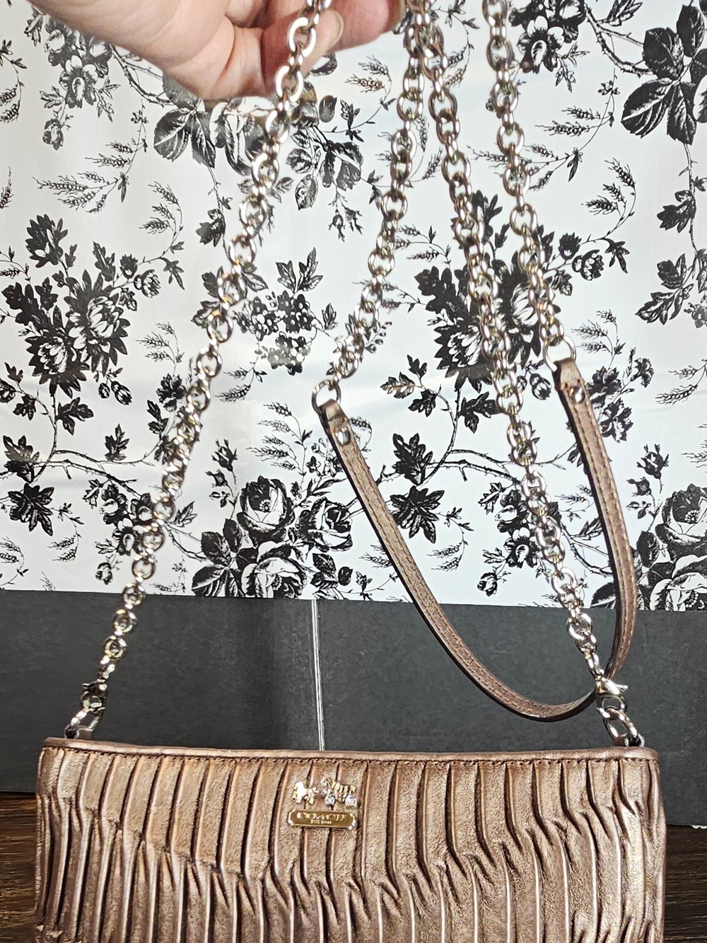 Coach Madison Chocolate Metallic Pleated Crossbody Bag Zip Closure Chain Strap